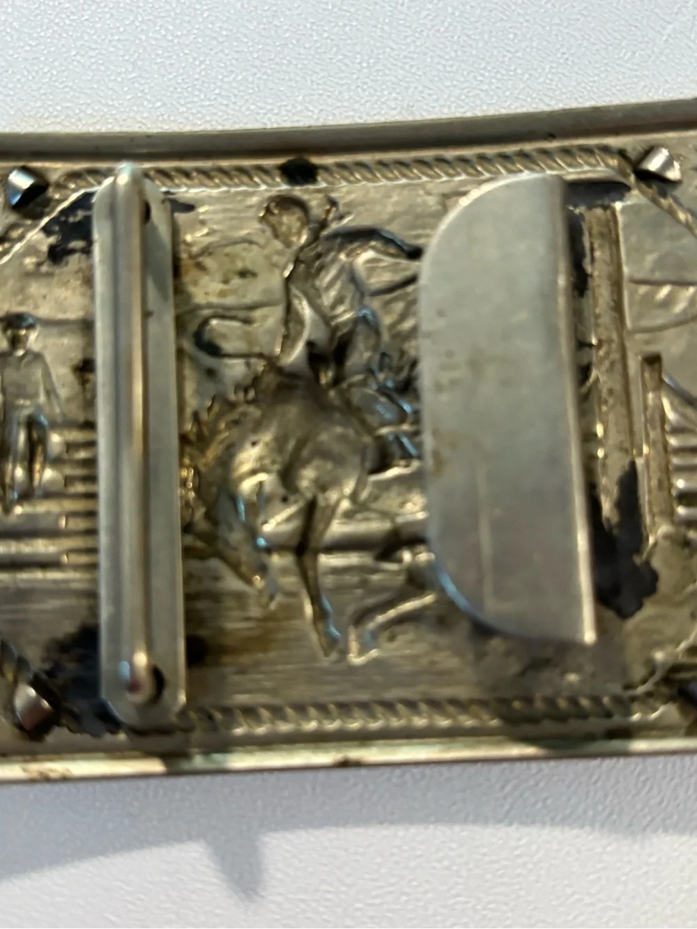 Vintage Western Motif Belt Buckle with Multicolor Stones 1940s? Cowboy